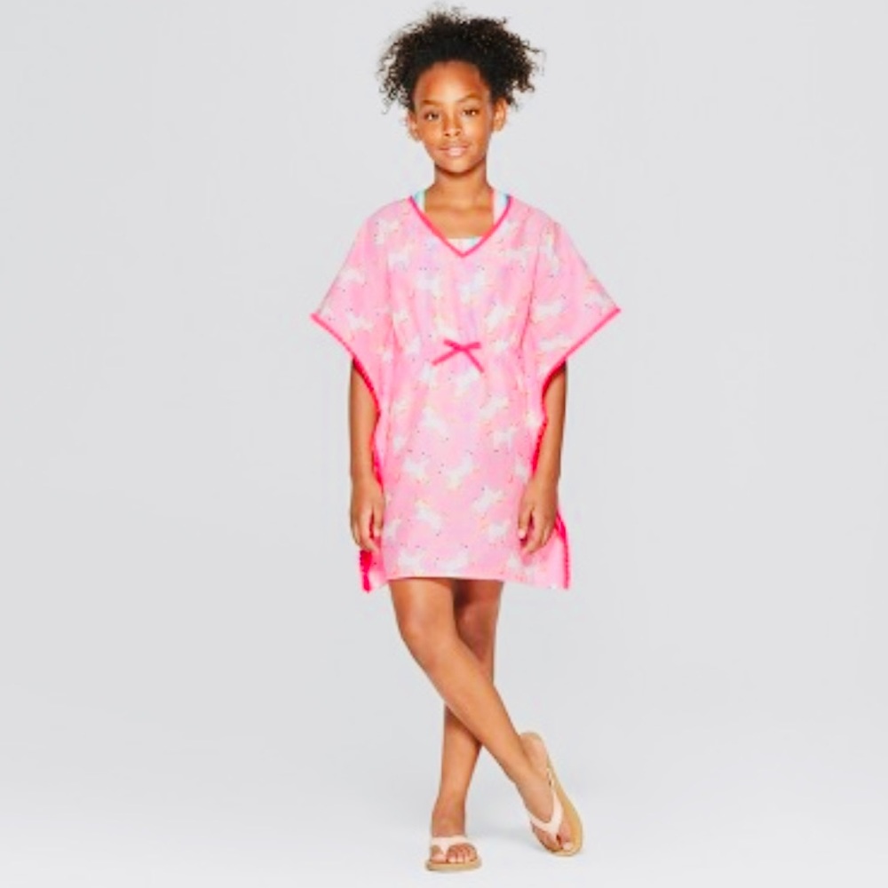 🦄🌈NWT Unicorns CAT & JACK Swim Beach COVER UP w/ HOT PINK TASSELS XL 14/16